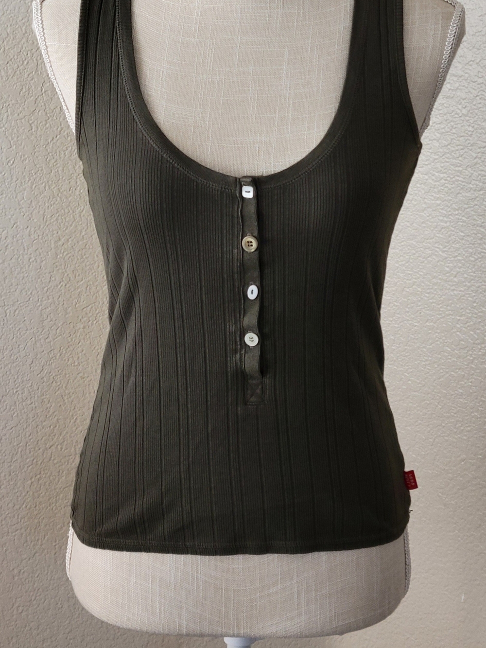 VTG Miss Sixty Ribbed Henley Tank Top Olive Green Medium Y2K Elena Gilbert TVD